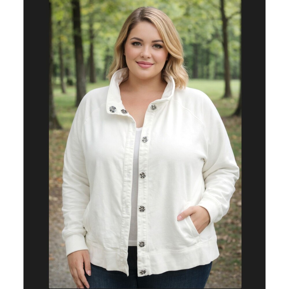 Merona White Cotton Snap Button Cardigan 20W 22W Funnel Neck Jacket Plus Size